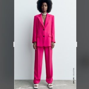 ZARA Hot Pink Full Length Straight Leg Paintsuit & Matching Blazer Set